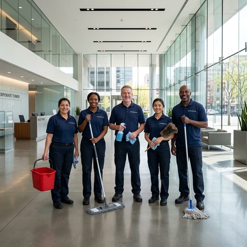 ServiceHelpers professional cleaning team in a modern corporate lobby.