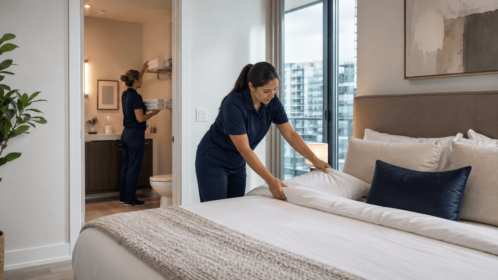 Airbnb turnover preparation with fresh linens and restocked guest supplies in a modern condo.