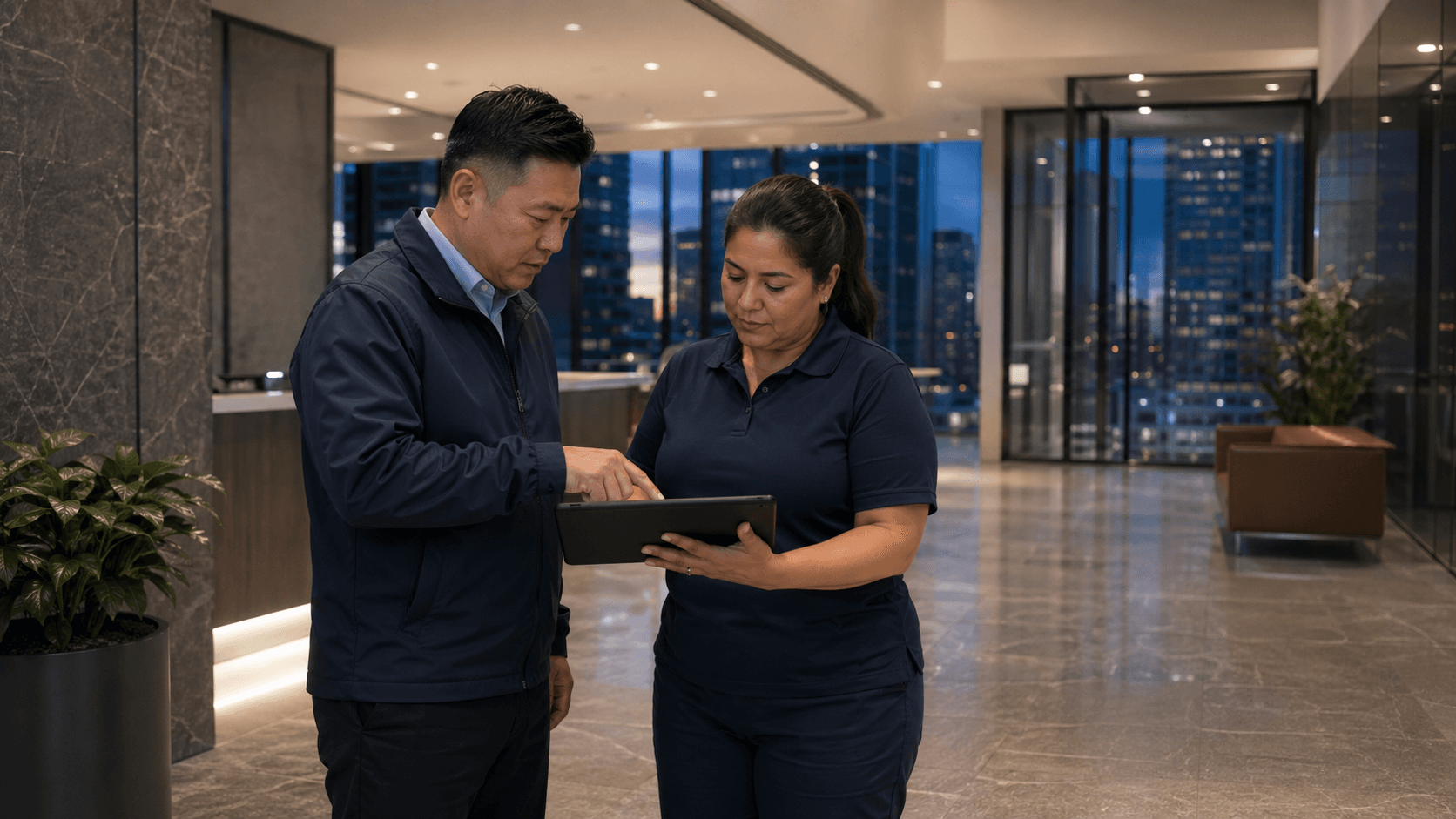 Commercial office walkthrough with operations manager and cleaning supervisor reviewing scope on a tablet.