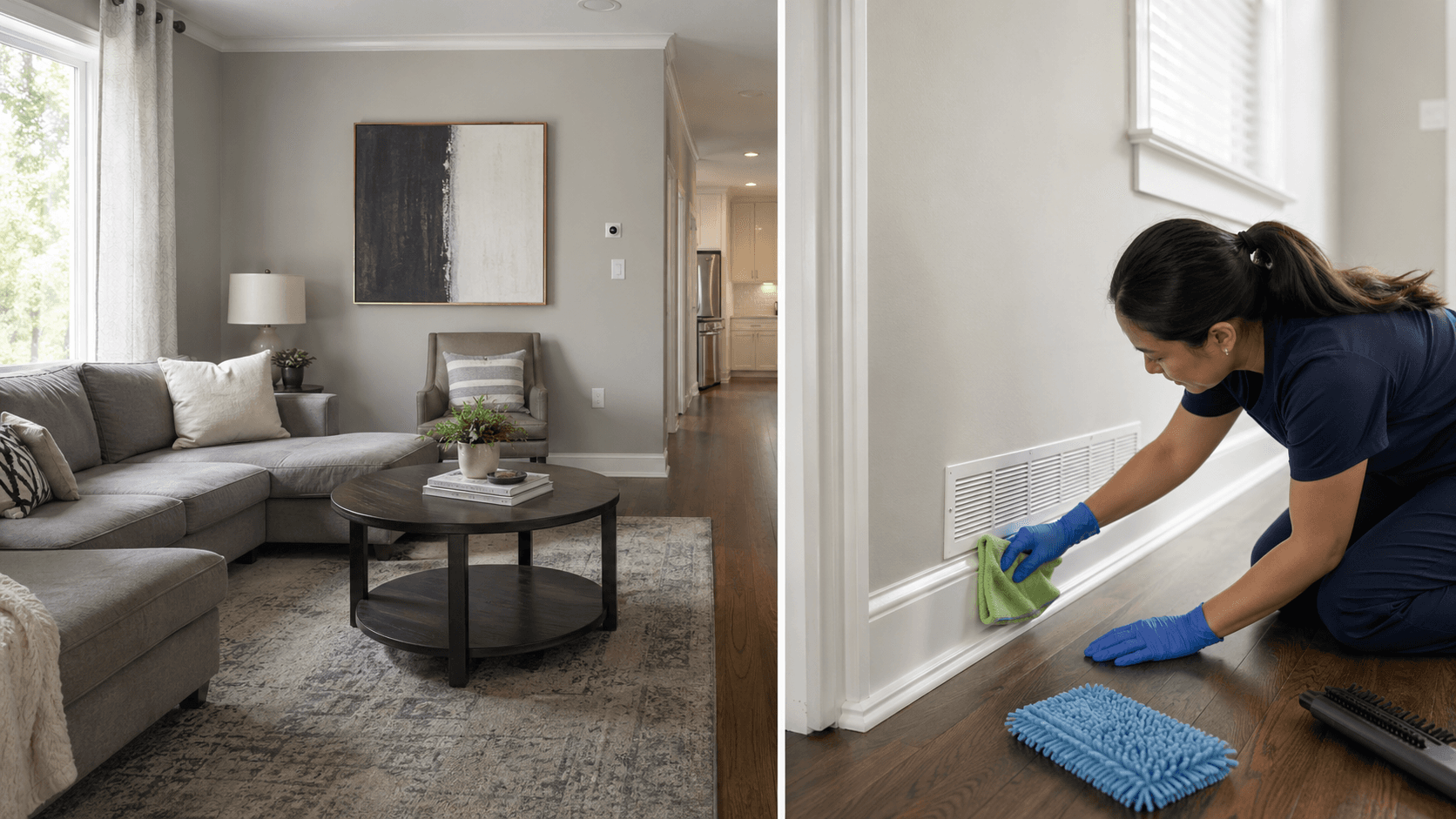Residential interior showing routine maintenance condition beside detailed deep-cleaning activity.