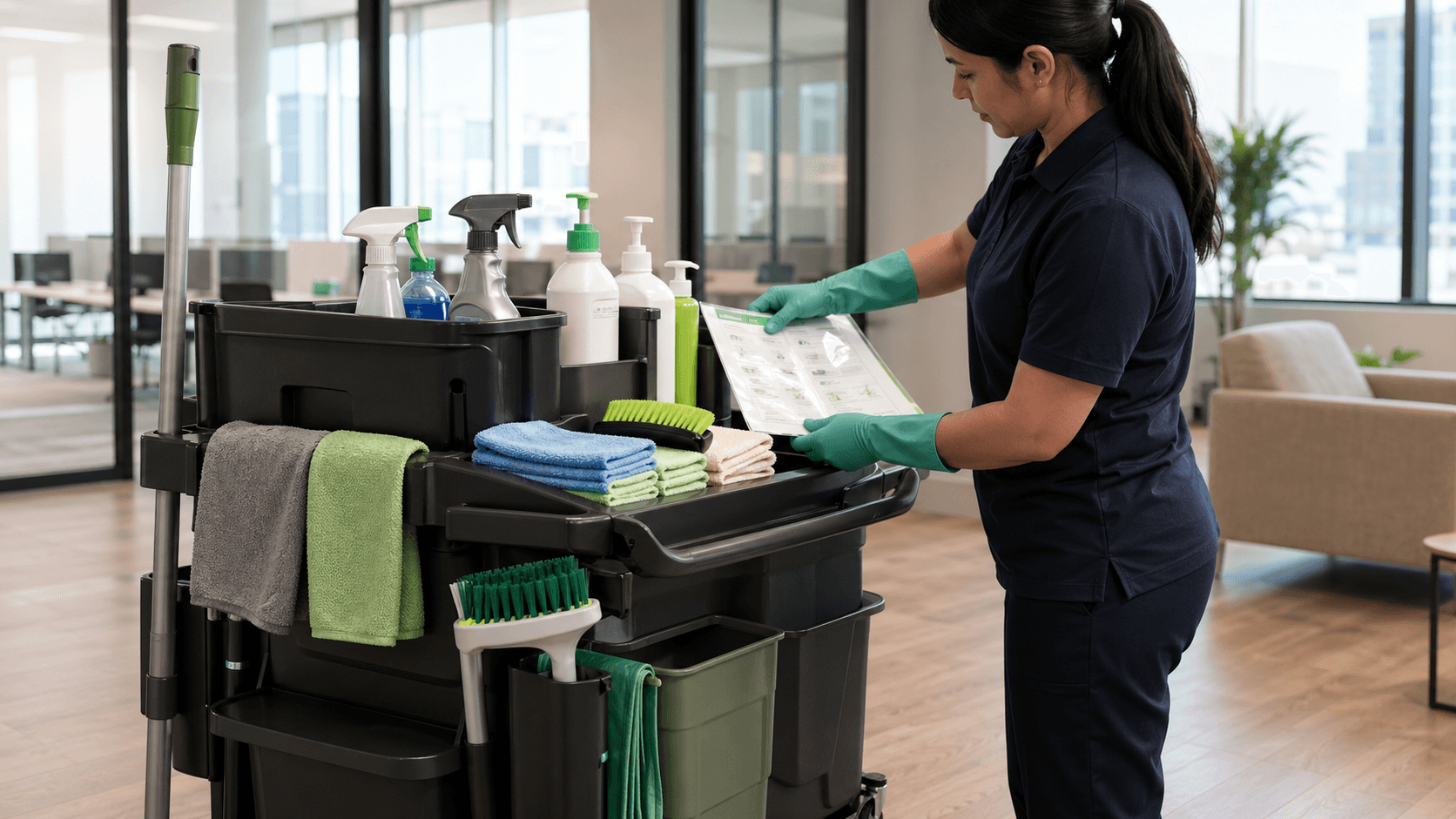 Professional cleaning cart with eco-focused products, microfiber tools, and safety documentation in office setting.
