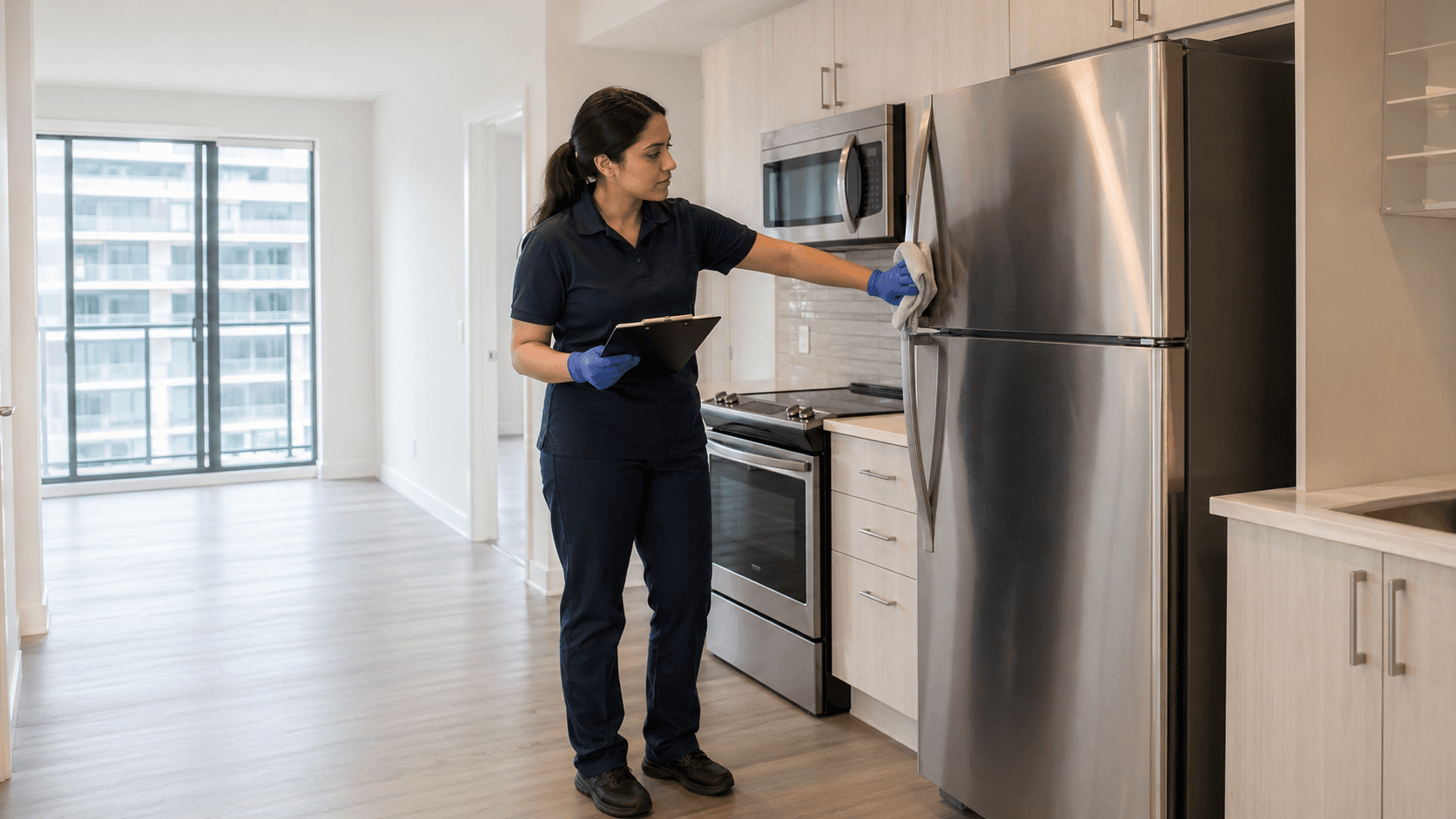 Empty apartment move-out cleaning with checklist review in kitchen handover area.