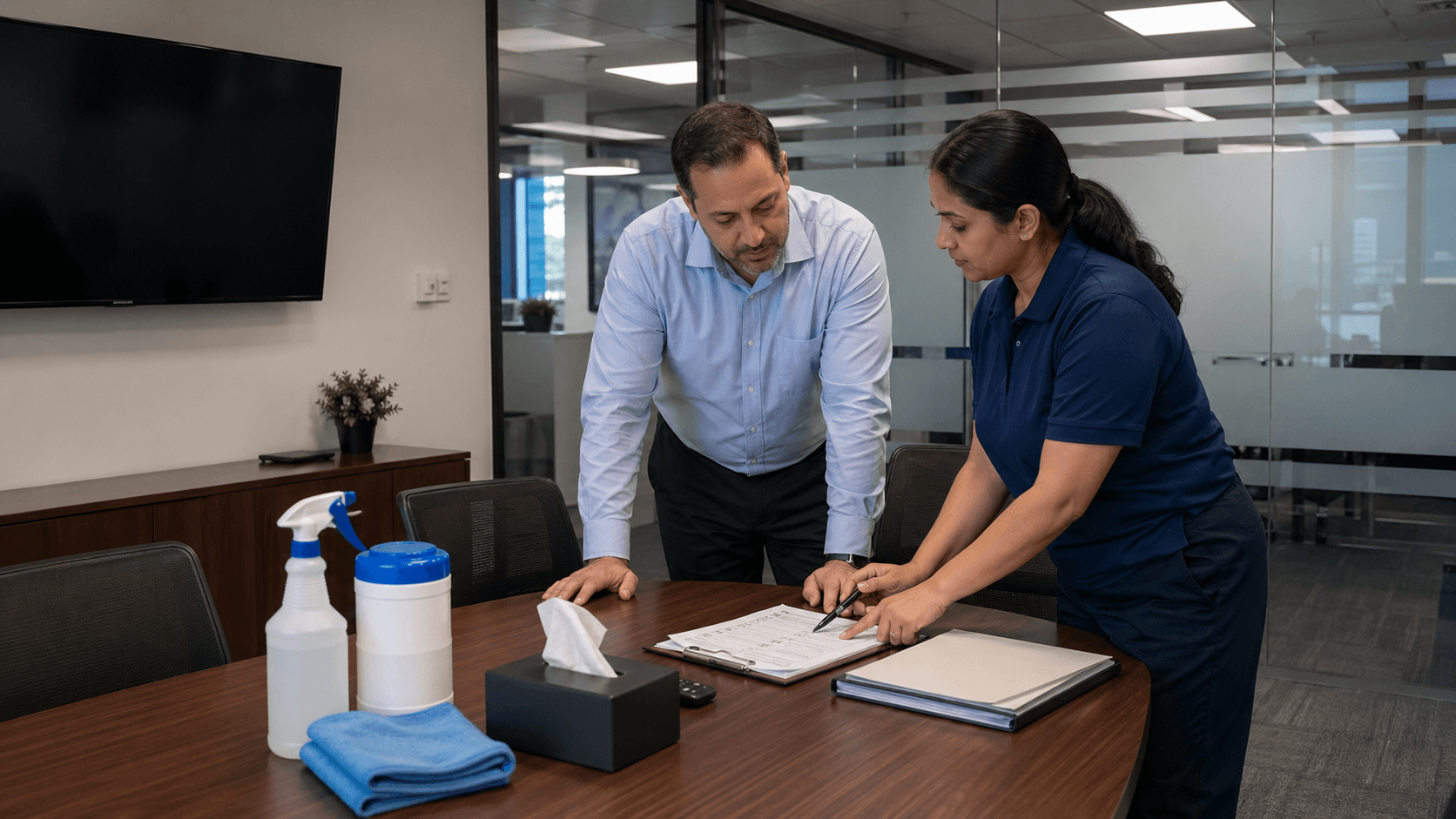 Facility manager and supervisor reviewing office cleaning quality and hygiene checklist in a conference room.
