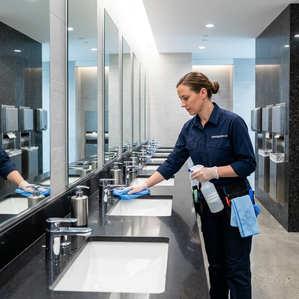 Restroom / Washroom Cleaning environment maintained by ServiceHelpers.